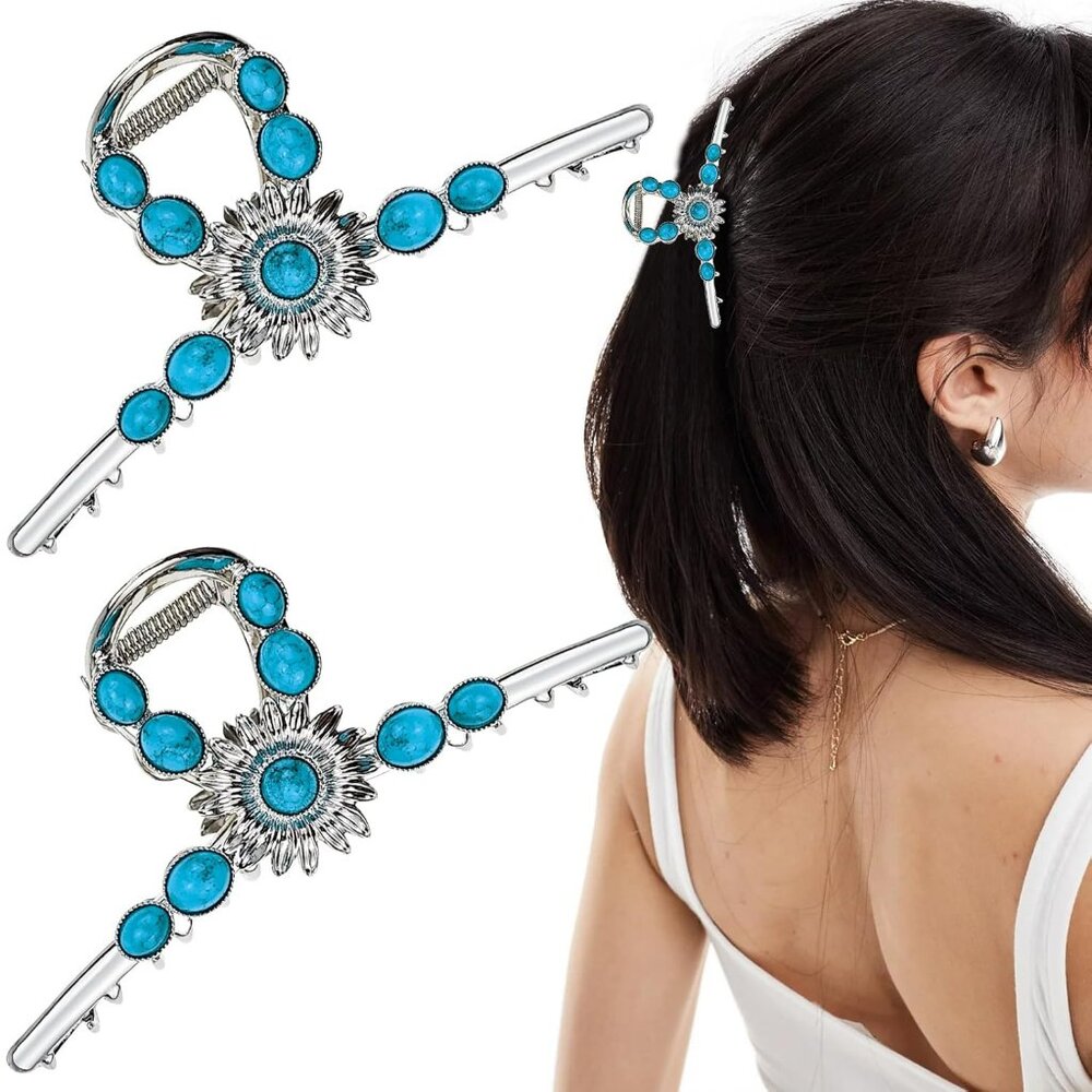 2 Turquoise Blue Stone‎ Sun Hair Claw Clip Metal Retro Style Hairpin Hair Clip